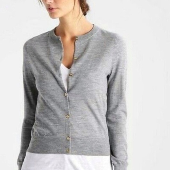 Banana Republic | Gray Merino Wool Blend Crewneck Button Up Cardigan, Size LP - Picture 1 of 7